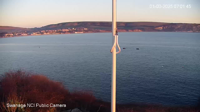 A coastal view during early morning light, showcasing calm waters and a distant shore with buildings and hills. In the foreground, there is a white pole, possibly part of the webcam setup, and some low shrubbery. The sky is clear, transitioning from orange to blue as the day begins.