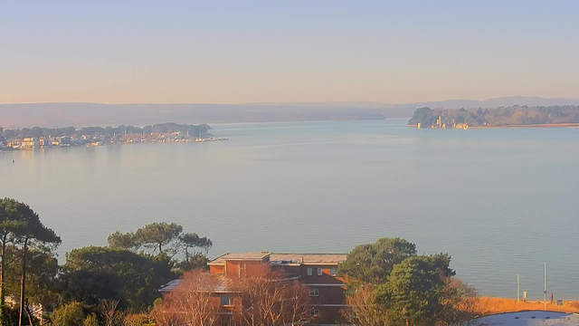 A serene view of a calm body of water, with small boats docked along the shoreline. In the foreground, there are houses and trees, including tall pine trees and shrubs. The background features distant hills under a clear sky, reflecting soft light on the water's surface, creating a tranquil atmosphere.