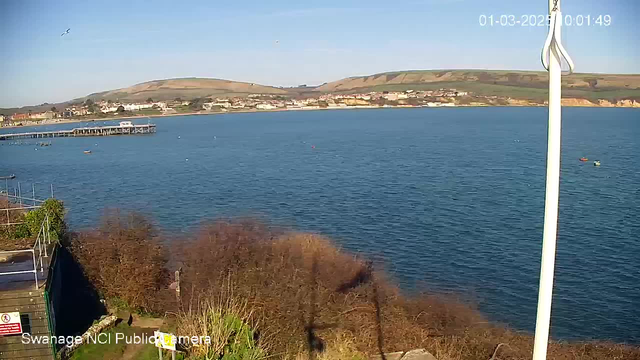 A clear blue sea stretches across the foreground, with a wooden pier extending into the water on the left side. Small boats can be seen floating on the water. In the background, a coastal town is visible, featuring buildings along the shoreline, with green hills rising behind it. Some bushes and trees are in the lower left corner, and a tall white pole stands on the right side of the image, near the water's edge. The sky is bright and clear, indicating a sunny day.