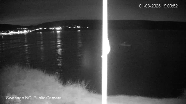 A black and white image of a harbor at night. Lights from the distant shore reflect on the water's surface, creating a shimmering effect. In the foreground, grass is visible, and a vertical pole obscures part of the view. A small boat can be seen on the water. The upper corner displays a timestamp: "01-03-2025 19:00:52," and the bottom left indicates "Swanage NCI Public Camera."