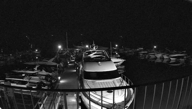 A dark marina scene at night, featuring multiple boats docked at a wooden pier. The boats are illuminated by scattered lights, reflecting faintly in the water. A large white yacht is positioned prominently in the foreground, with a railing visible nearby. The overall atmosphere is calm, with the silhouette of boats and masts blending into the darkness of the surrounding water.