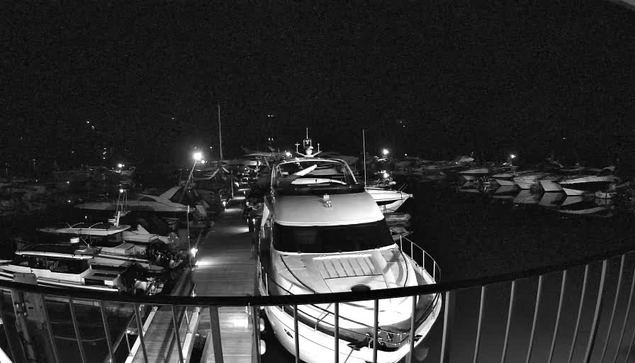 A black and white image of a marina at night. In the foreground, a large white yacht is docked, with its features illuminated. A wooden walkway extends from the yacht, leading further into the marina. Multiple boats are visible in the water, some moored and others appearing further in the background. The scene has soft lighting from various sources, reflecting off the water, while the surrounding area remains dark. The overall atmosphere is calm and serene.