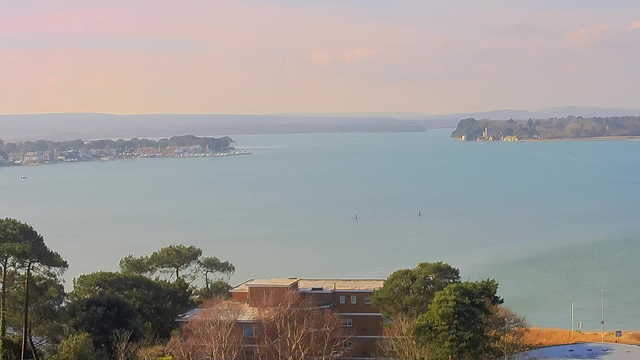 A coastal scene showing a calm body of water with gentle waves. In the foreground, there are trees and a building with a reddish-brown exterior. In the distance, a shoreline lined with houses and a marina is visible, with several small boats docked. Two individuals are paddleboarding on the water, while further along the coast, there is a distant landmass featuring buildings and greenery. The sky has a soft, pastel hue, indicating a serene atmosphere.