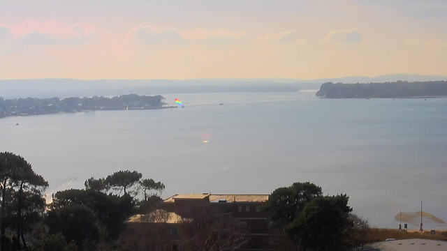 A serene view of a large body of water reflects soft pastel colors of the sky, with gentle ripples on the surface. In the distance, a shoreline lined with trees is visible, along with a few boats dotting the water. A small section of the shore features colorful structures or flags. In the foreground, some trees and buildings are partially visible, framing the scene. The overall atmosphere is calm and tranquil, suggesting an early morning or late afternoon.