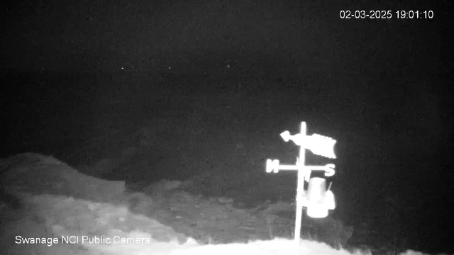 A dark, nighttime scene is depicted, showing a body of water with indistinct outlines of waves in the foreground. In the center, a weather vane featuring a fish design is mounted on a pole with directional indicators (N, S, E, W). The overall image is dimly lit, making details difficult to discern. The date and time are displayed in the upper right corner: February 3, 2025, at 19:01:10. A logo for "Swanage NCI Public Camera" is visible in the lower left corner.