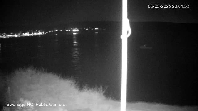 A dark scene showing a body of water, with faint reflections on the surface. The background features distant lights along the shoreline, indicating a town or harbor. In the foreground, there is a vertical pole, slightly to the right of the image. The time and date are displayed in the upper right corner, showing 20:01:52 on February 3, 2025. The image has a night vision feel, emphasizing contrast between dark areas and illuminated points in the distance.