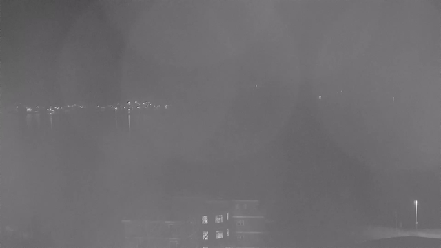 A grayscale image taken from a webcam shows a faint view of a body of water with lights reflecting on its surface in the background. In the foreground, there are blurred outlines of buildings, with some windows illuminated. The overall scene appears misty or foggy, making details difficult to discern.