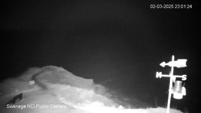 A dimly lit coastal scene at night with a partially obscured shoreline and dark water extending towards the horizon. On the right side, there is a weather vane with cardinal directions: North, South, East, and West. The date and time in the top right corner indicates "02-03-2025 23:01:24." The overall atmosphere is quiet and still, with minimal visibility.