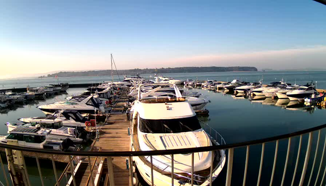 A panoramic view of a marina during the daytime, featuring multiple boats docked along a wooden pier. The water reflects the boats and a clear blue sky, with a distant shoreline visible in the background. Some boats are large and white, while others are smaller and vary in color. The scene conveys a peaceful and sunny atmosphere.