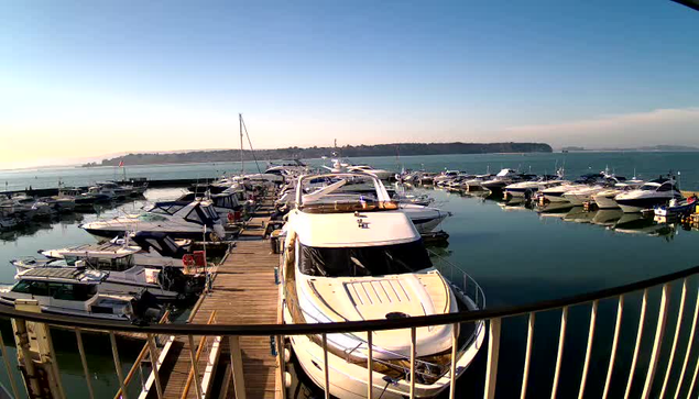 A view of a marina filled with various boats and yachts, moored along a wooden dock. The water is calm and reflects the clear blue sky, with a distant shoreline visible in the background. The scene gives a tranquil, sunny day atmosphere.