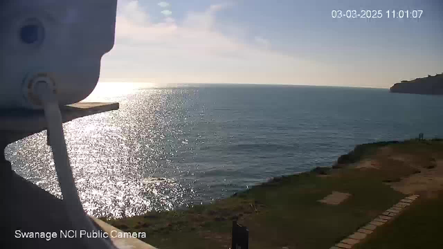 A coastal view with the sparkling blue sea reflecting sunlight, extending to the horizon. The foreground features a grassy area with a few stone pathways and a black post. In the upper left corner, part of a white object, possibly a camera, is visible. The sky is mostly clear with a few clouds. The image is timestamped at 11:01 on March 3, 2025.