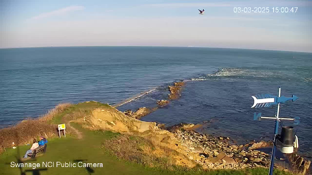 A coastal scene featuring a calm blue sea with gentle waves. In the foreground, there is a grassy area with a bench where two people are sitting, facing towards the water. To the right, a weather vane is visible, positioned above rocky formations extending into the sea. A bird is flying in the clear sky above the water. The horizon is marked by a faint line where the sea meets the sky, under a few scattered clouds.