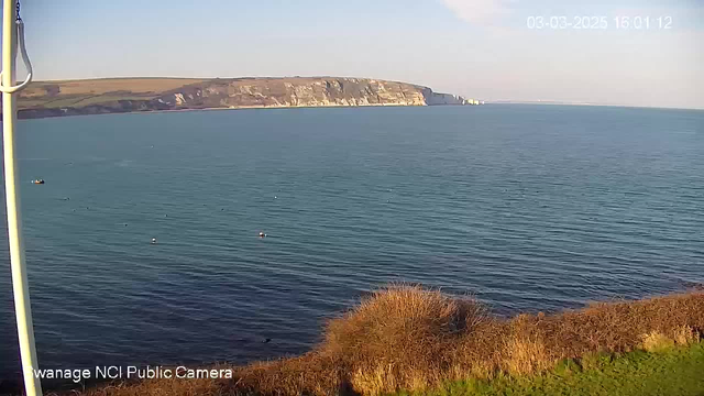 A panoramic view of a coastal landscape featuring a calm sea, with small boats visible on the water. The shoreline includes a rocky cliff adorned with greenery. The sky is clear with soft clouds, indicating a sunny day. In the foreground, there is a slight hillside covered with vegetation. A timestamp on the top right corner shows the date and time.