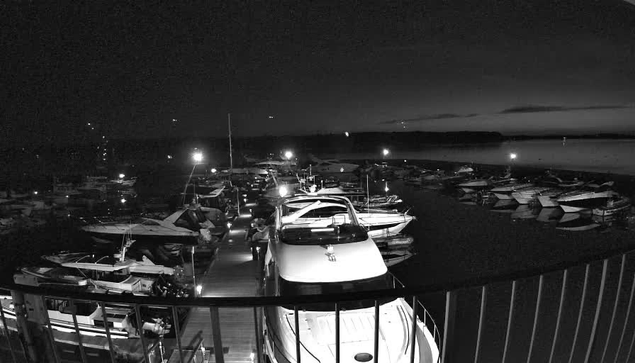 A nighttime view of a marina filled with various boats, illuminated by soft lights. The scene is predominantly in shades of black and white, with the silhouettes of boats docked at the pier. Reflections are visible on the water's surface, and the horizon shows a faint outline of land under a dark sky. Some lights sparkle in the distance, adding depth to the image.