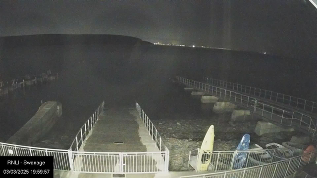 A dimly lit image of a shoreline at night. A wooden boardwalk leads towards the dark water, with concrete blocks visible in the water. On the right side, two kayaks are placed on the ground, one yellow and one blue. A railing borders the boardwalk. The background features a faint outline of a hillside and distant lights, suggesting a town or city in the far distance. The overall scene is quiet and devoid of human presence.