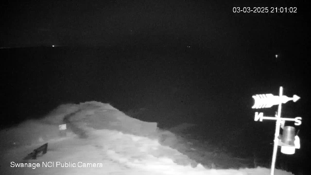 A dark, nighttime image from a webcam showing a coastline. The sea is visible, appearing dark with small waves. In the foreground, there is a sandy or rocky area leading towards the water, and a distant light is seen on the horizon. To the right, a weather vane points north, featuring an arrow and labels for direction. The timestamp in the corner indicates the image was captured on March 3, 2025, at 21:01:02.