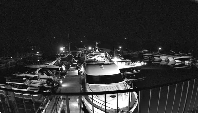 A nighttime image of a marina filled with several boats docked at a wooden pier. The scene is predominantly in black and white, with lights illuminating some boats and creating reflections on the water. The foreground features a boat with a visible cabin and a deck, while other boats are scattered in the background, partially obscured by darkness. Railings line the side of the pier, providing a sense of depth to the scene.