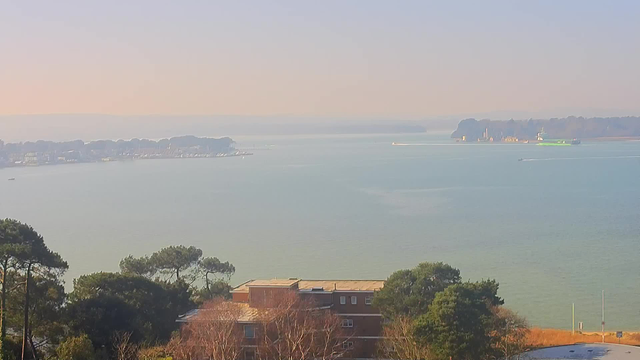 A panoramic view of a calm body of water under a hazy sky. In the foreground, there are trees and a brown building partially hidden by branches. The water appears turquoise with gentle ripples. In the distance, a shoreline is visible with a marina and several boats docked. A green cargo ship is moving along the water, and a faint outline of hills can be seen on the horizon. The overall scene conveys a serene and tranquil atmosphere.