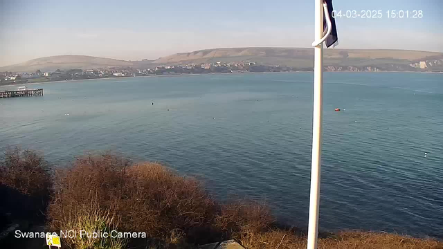 A coastal scene featuring calm blue water and a distant shoreline. In the foreground, there is some dry vegetation and a flagpole with a flag. On the left side, a wooden pier extends into the water. The background shows a hillside with buildings and trees. The overall atmosphere is peaceful and sunny.