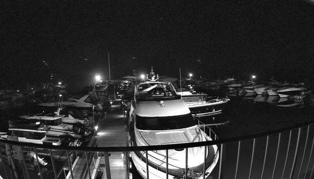 A nighttime scene at a marina, featuring several boats docked along a wooden pathway. The image is in black and white, showcasing a collection of yachts and smaller vessels illuminated by soft lights. Some boats are closely grouped, while others are spaced out. The atmosphere is calm, with the still water reflecting the lights from the boats. The railing of a dock is visible in the foreground, framing the view of the marina.