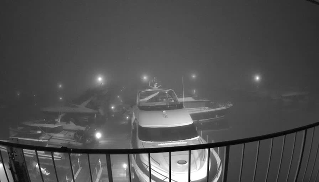 A foggy marina scene at night, featuring several boats moored in the water. The image is dimly lit with distant lights illuminating parts of the marina, creating an atmospheric but unclear view. A railing in the foreground adds depth, suggesting the perspective is from a balcony or dock. The overall visibility is low due to the thick fog.