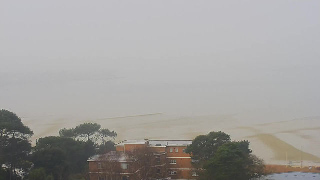 A foggy seaside view is shown, with a blurred horizon where the water meets the sky. The foreground features a reddish brick building with a sloped roof, partially obscured by trees. The atmosphere appears misty, conveying a sense of calm and quiet.