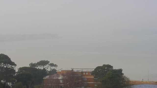 A hazy, foggy scene shows a calm body of water that extends into the distance. The shoreline is faintly visible, lined with trees and low buildings, but details are obscured by low visibility. In the foreground, an orange brick building with several windows is partially visible amidst greenery. The overall atmosphere is muted and serene, with a blend of soft colors.