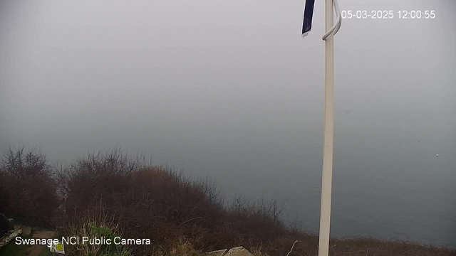 A foggy view of a body of water, with indistinct outlines of the water blending into the gray sky. In the foreground, there are bushes and shrubs along the edge of the shore, and a white flagpole with a flag visible on the right side of the image. The timestamp at the top indicates it is 12:00:55 on March 5, 2025, with a label at the bottom identifying the camera as part of the Swanage NCI Public Camera.