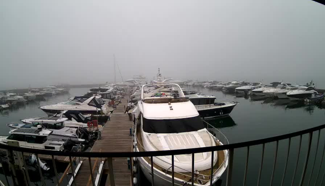 A foggy marina scene featuring several boats docked alongside a wooden pier. The visibility is low due to the fog, making the outlines of the boats and the water appear faint. A large white yacht is prominently visible in the foreground, with various other boats scattered in the background. The atmosphere is calm and still, with water reflections barely discernible.