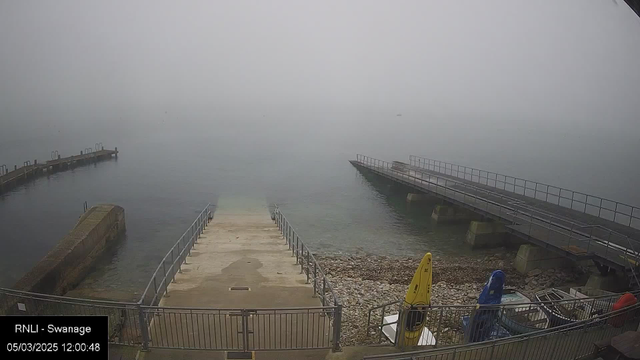 A foggy scene by the water. In the foreground, there is a wide concrete ramp leading down to the water, flanked by metal railings. To the left, a stone pier extends into the water, and to the right, a longer wooden pier juts out. Both piers have low railings and are partially submerged due to the mist. Several kayaks and small boats are visible on the ground near the ramp, with one yellow kayak standing out. The water is calm and reflects the gray sky, with no distinct features visible in the distance due to the fog.