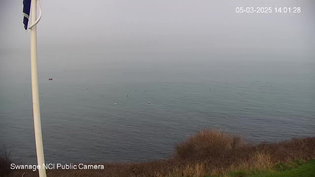 A foggy coastal scene showing the calm sea with a few small boats visible in the distance. There are several buoys floating on the water's surface. In the foreground, there is a flagpole with a flag, and some bushes along the edge of the shore. The sky appears gray, suggesting overcast weather.