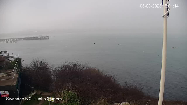 A foggy coastal scene is depicted, showing calm waters with a faint outline of a distant pier extending into the sea. The muted colors create a misty atmosphere, obscuring visibility of the horizon. In the foreground, dark shrubs and grass are visible, with a path leading towards the edge of the cliff. The image is timestamped in the corner, indicating the date and time of the capture.