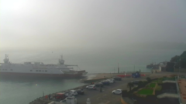 A foggy scene featuring a large white ferry docked beside a port. The visibility is low due to the fog, with a calm body of water in the background. A line of parked cars is visible along the waterfront, and some pedestrians can be seen near the water's edge. There are faint structures along the shoreline, partially obscured by the fog.