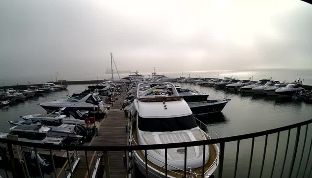 A view of a foggy marina filled with various boats and yachts docked along wooden slips. The water is calm and reflects the muted gray tones of the sky, creating a serene atmosphere. The background fades into the fog, obscuring distant structures or land. A railing is visible in the foreground, adding a sense of depth to the image.