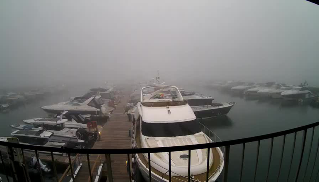 A foggy marina scene featuring several boats docked in a harbor. The visibility is low due to the dense fog, which obscures the background. A large white boat is prominently positioned in the foreground, with wooden docks visible on either side. Other vessels are scattered in the misty water, and the overall atmosphere is calm and serene, but shrouded in gray tones.