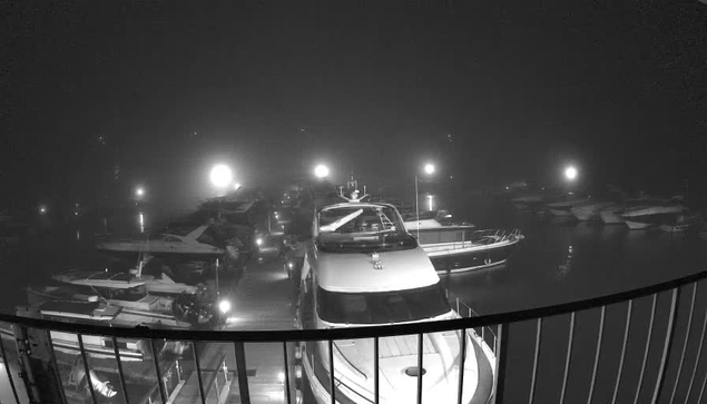 A dimly lit harbor scene is visible, shrouded in fog. Several boats are docked in the water, some illuminated by bright lights scattered around the area. The foreground features a railing, and the masts and hulls of the boats are faintly visible through the haze. The overall atmosphere is quiet and serene, with the lights reflecting off the water.