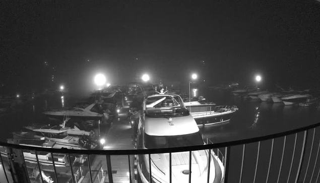 The image shows a dimly lit marina at night, with several boats docked on a calm water surface. Bright lights illuminate parts of the scene, creating reflections on the water. The boats are largely obscured by fog, giving the atmosphere a misty and mysterious feel. A railing is visible in the foreground, framing the view of the marina.