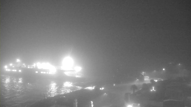 A foggy scene at night with a large vessel illuminated by bright lights on the left. The water reflects the light, creating a shimmering effect. In the foreground, a dock is visible with low structures and faint lights. The background features the silhouettes of buildings and vehicles in the fog. The overall image has a muted color palette dominated by shades of gray and white.