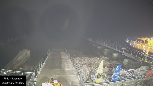 A dimly lit scene at a dock. The water is calm, with rocky shore visible. Several kayaks are lined up on the left side of the image, in orange and blue. A yellow lifeboat is docked on the right side, with two individuals in yellow and striped uniforms standing on the dock beside it. The visibility is low, giving the scene a foggy appearance. A metal walkway extends from the middle of the image towards the water, flanked by metal railings.