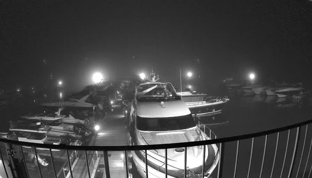 A dimly lit marina scene at night with several boats docked in the water. Some boats are illuminated by bright lights, creating a contrast against the dark surrounding fog. A wooden dock is visible in the foreground, with the railing partially obstructing the view. The water appears calm and reflects the boat lights. The atmosphere is misty and moody, emphasizing the shadows and highlights created by the lighting.