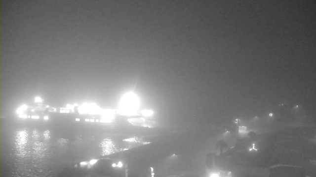 A foggy scene featuring a large vessel illuminated by bright lights, appearing to dock at a harbor. The water reflects the lights, creating a shimmering effect. Surrounding the harbor are dimly lit structures, adding to the atmospheric murkiness of the scene. Overall, the image is predominantly in shades of gray due to the fog.