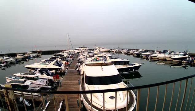 A tranquil marina scene under a cloudy sky, with numerous boats docked tightly together in still water. The boats vary in size and design, with some displaying colorful tarps and others having sleek, polished surfaces. A wooden dock runs along the front, bordered by a metal railing. The atmosphere appears calm and slightly foggy, suggesting a quiet, overcast day.