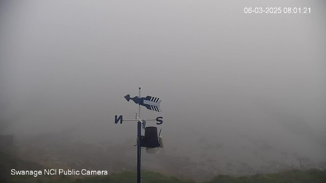 A foggy scene with very low visibility. In the foreground, there is a blue weather vane on a pole, with the letter 'N' indicating north. The background is mostly white with a blurred appearance due to the fog, obscuring any distant objects. The date and time are displayed in the upper right corner, showing March 6, 2025, at 08:01:21. The bottom left corner displays "Swanage NCI Public Camera."