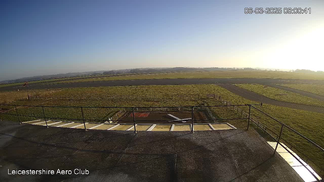 A clear blue sky is visible above an open area with a large expanse of grass. In the distance, there is a runway marked by a dark surface. Near the foreground, there is a structure with a railing, and the scene is calm and sunny. The date and time displayed in the corner indicate March 6, 2025, at 08:00:41.