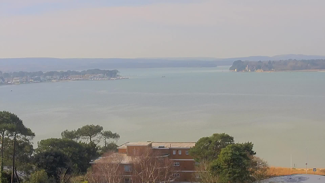 A scenic view of a calm body of water surrounded by trees and a coastal area. In the foreground, there are trees and a brown building. The water reflects a pale blue hue, indicating a clear sky above. In the distance, small boats can be seen on the water, along with a marina. The shoreline features a combination of greenery and structures, hinting at a developed area with some historical architecture visible.