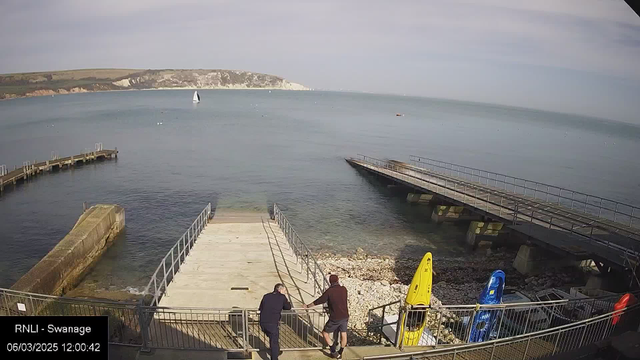 A coastal scene showing calm water with a distant white sailboat. Two people stand on a wooden walkway, leaning over a railing near a rocky shore. They are watching the water while adjacent to two brightly colored kayaks, one yellow and one blue. A wider wooden pier extends into the water on the right side of the image against a backdrop of cliffs in the distance under a clear sky.