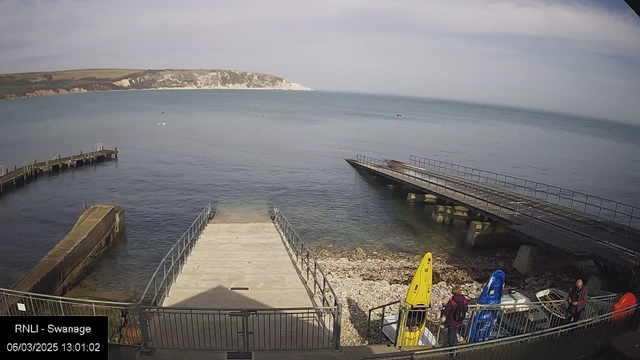 A coastal scene shows calm water extending to the horizon with a rocky shoreline. A small pier with a wooden walkway is visible on the left, leading into the water. In the foreground, there are several boats and kayaks, including yellow, blue, and red ones. Two people are near the boats, and a third person is farther away. The background features rolling hills with greenery and distant cliffs under a cloudy sky.