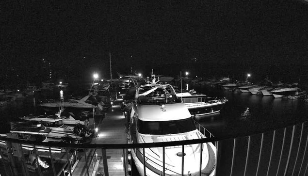 A nighttime scene of a marina, featuring several boats and yachts docked in the water. The image is in black and white, with some artificial lights illuminating the boats and the surrounding area. There are wooden walkways visible, leading to the boats, and the water reflects the faint light. The atmosphere appears calm and quiet, with a faint outline of buildings or trees in the background.