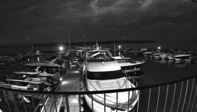 A view of a marina at night, featuring multiple boats docked along a wooden pier. Several boats are illuminated by lights, while others rest in the dark water. The sky is cloudy and brooding, with some ambient lights visible in the background, suggesting the presence of other boats or structures. The scene appears monochromatic, emphasizing shadows and contrasts between the boats and the water.