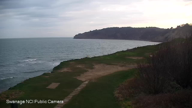 A coastal view showing a grassy foreground leading to the sea. The water is calm with gentle waves, reflecting a cloudy sky. In the background, there is a cliff with trees and shrubs, adding to the natural landscape. The scene is serene, with no human activity visible.